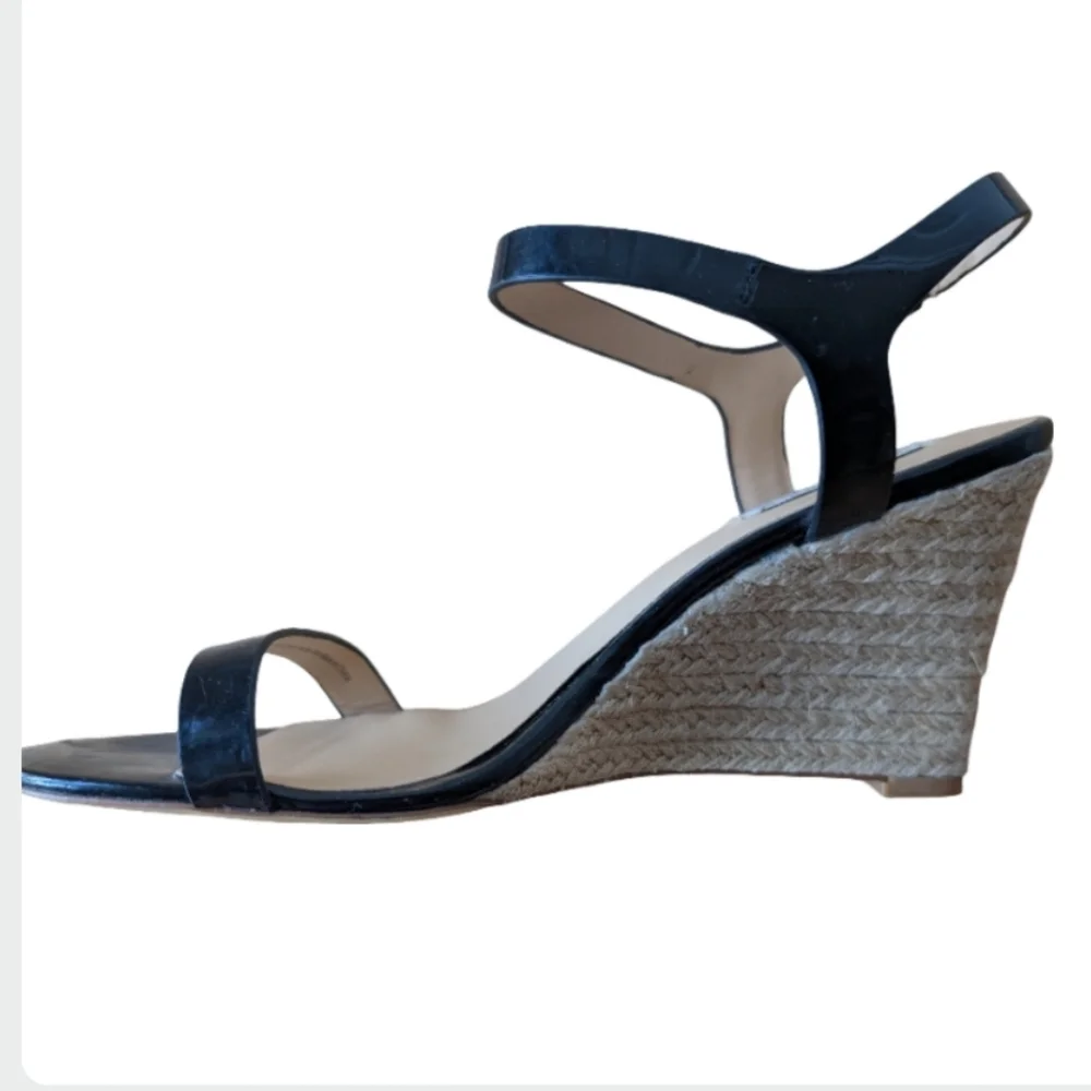 Badgley Mischka Black Patent Leather Espadrille Wedge Sandals Size 8.5